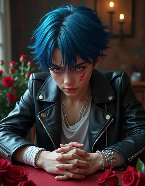  lets talk about the boy who sold his soul to the devil,
 staring at something ,  holding a grudge against someone ,
消えるまで,
  leather jacket ,
Sharp Eye,
 blue hair,
 stare with a combination of fingers ,
 desk decorated with lots of roses ,
 scars under t...