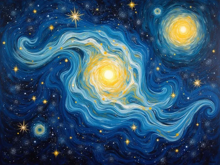 A vast and colorful cosmos with swirling galaxies and nebulae, inspired by the vibrant and dynamic style of Van Goghs Starry Night. The sky is filled with bold, swirling blues, yellows, and whites, creating an energetic, almost hypnotic atmosphere. Stars t...