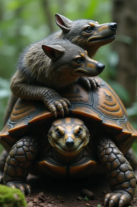 Wolf, turtle shell, two heads, wolf head and turtle head