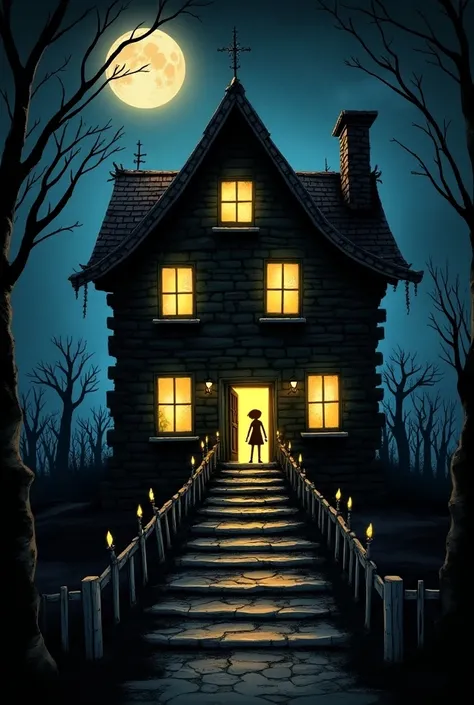  lyrics, 8K ultra HD, The house from the movie Coraline to print on a t-shirt, Let the house be in front and say welcome home at the top with the typeface that appears on the cake in the film and that at the front of the stairs are the silhouettes of the g...