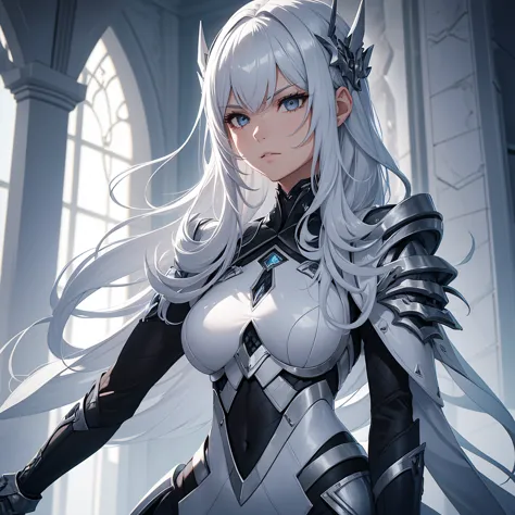 a young woman with flowing silver hair ,  showing a serious and imposing look .  she wears white clothes with silver details ,  ...