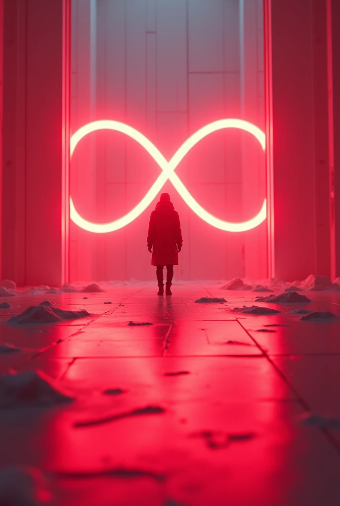 Create a ,  effect with red neon lights and infinity symbol in the center with a light, background with a futuristic 4k 