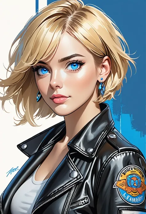 a very digital drawing of a woman in leather jacket with a blue nose, 1girl, solo, earrings, jewelry, blue eyes, blonde hair, short hair, leather, jacket, leather jacket, shirt, looking at viewer