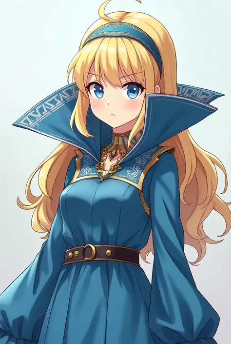 Angry Cute Blonde Anime Empress Maria Robtink with blue eyes wearing a blue headband and wearing a Blue Dress with a Massive Popped Collar taller than her head