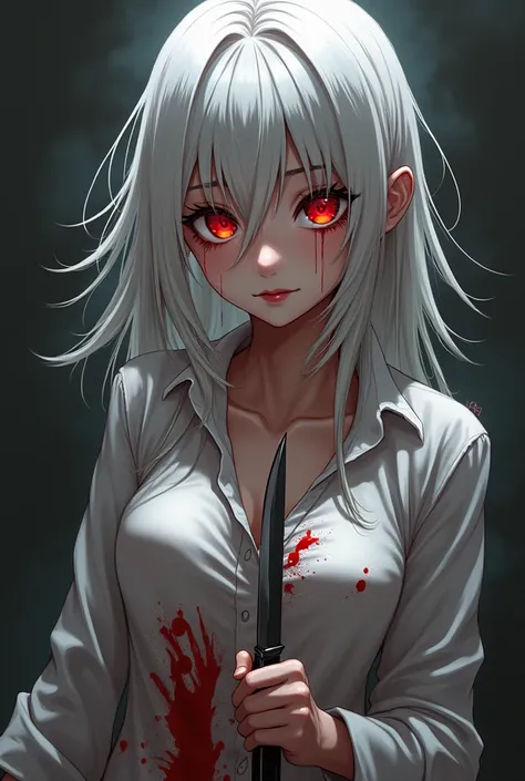 A anime girl with messy silky white hairs and big red charming eyes .she is smiling. wearing a tight shirt and loose tigh. Having sharp jawline .and traces of blood in shirt .with a knife in one hand which is drenched in blood.