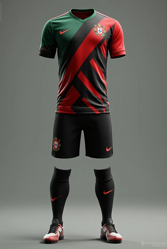 Make a complete soccer uniform for Portugal black green and red front and back 