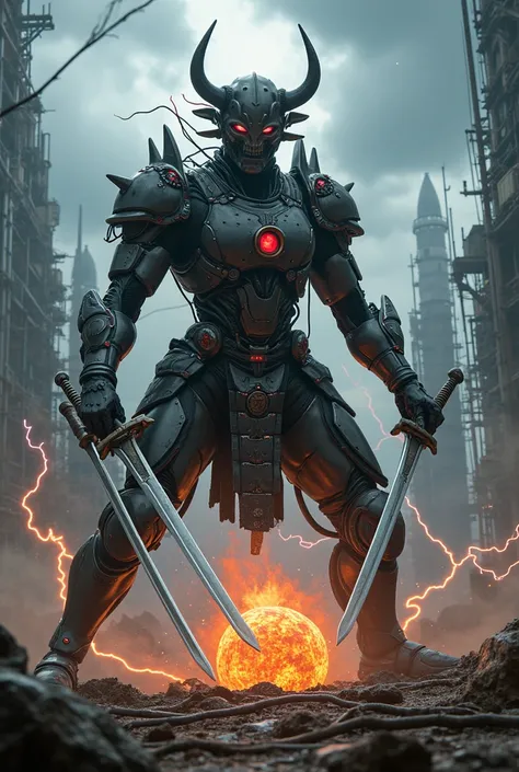 Japan in 2050、 The warrior looks like a fusion of samurai, skulls, aliens, predator, and terminator look here in a flashy pose、 has 3 arms on the left and right like an Asura statue, and holds 4 swords and a cyber ray gun raised, respectively、 the face is ...