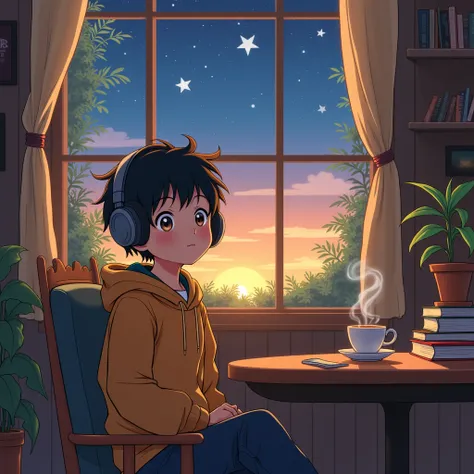 A boy in an anime style, inspired by the detailed and magical aesthetic of Studio Ghibli, sitting relaxed with large headphones and a calm expression, listening to music. He is in a cozy setting with warm tones and soft lighting, reflecting the enchanting ...