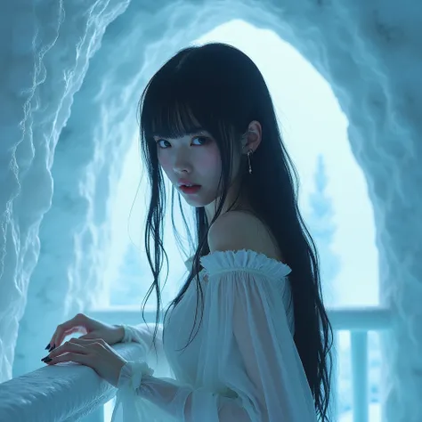 asian black hair bangs, hime haircut, straight long hair, ice cold queen, face of contempt, attractive figure in an ice hotel, leaning against the balcony, view of kingdom, realistic picture