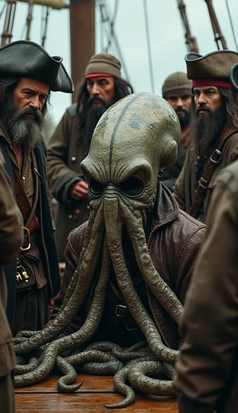 realistic photo, close up front view, pirates catch a strange fish with a human head and an octopus body, slimy, on the deck of the ship