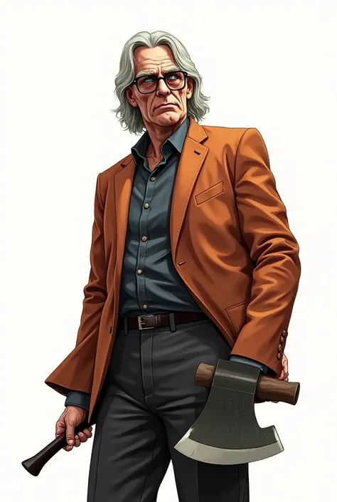 the writer Stephen King, fair skin, blue eyes, vision glasses, appearing to be 65 years old, long gray hair, serious look, suit wearing an orange jacket, and a gray shirt inside, evil look, holding an axe, full body, white solid background, gta 5 style, il...