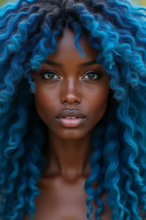  blue-skinned macaw woman, Dark skin,  brown eyes, long and winged frizzy hair with blue highlights 