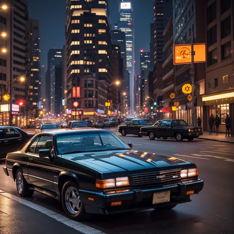 1996 impala, parked in the middle of a lit street, tall buildings, lit buildings, city life, night life, camera is focused on the car, various angles. 