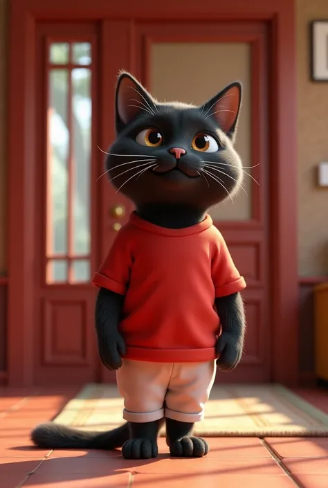 In cinematic 3D style ,HD image, realistic image, colourful image.
Character, black cat wearing red t-shirt and white pant.
Action, inside house There is a very beautiful house, the door of the house is closed, the black cat is standing and is very happy