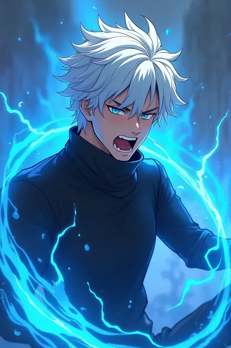 A handsome anime man with blue eyes white silky messy hairs .wearing a black high neck . Enraged with magical blue power .
