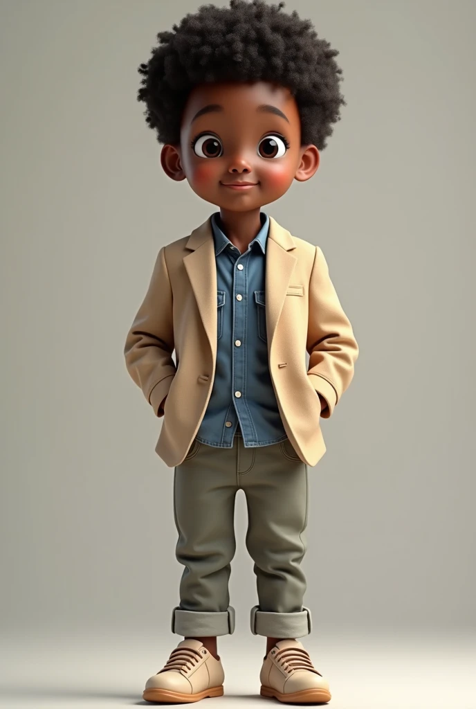 
“Highly detailed, realistic 3D render of a young Black boy with curly hair, wearing a stylish, modern outfit. The outfit includes a beige blazer, denim shirt, and rolled-up pants. He has a calm, confident expression, standing with his hands in his pockets...