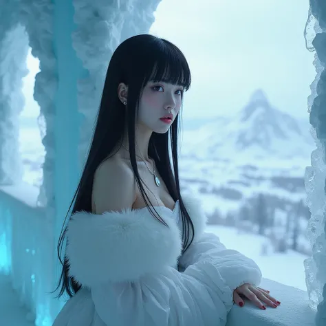 asian black hair bangs, hime haircut, straight long hair, ice cold queen, face of contempt, attractive figure in an ice hotel, leaning against the balcony, view of kingdom, realistic picture