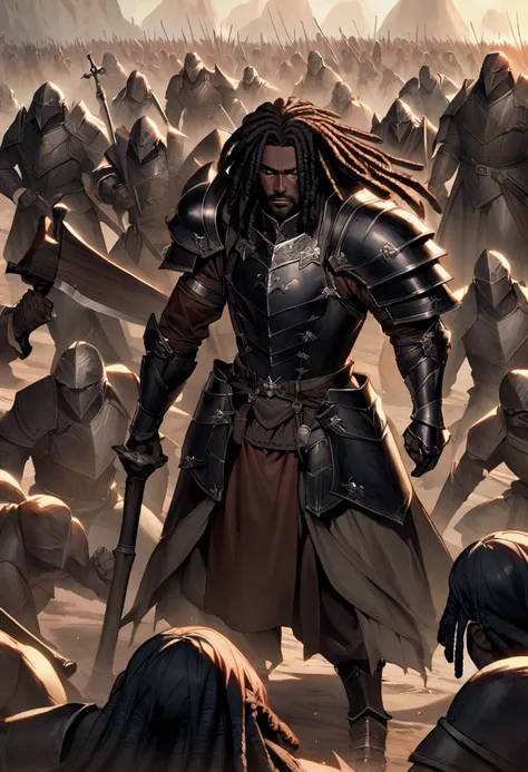 A dark skinned 35 year old man with blue eyes and black dreadlocks . He wears a dark blackwood armour and holds a large blackwood battle axe while in the middle of a battlefield with all his allies dead and surrounded by enemy knights 