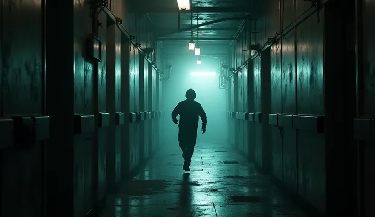  The narrator running down the corridor to the exit, leaving behind the nightmare of the laboratory .