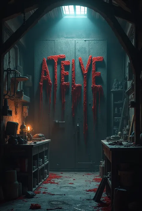 A scary workshop at night and an inscription in the middle in bloody letters "ATELYE". Make the inscription bigger and add tools to the inscription itself . Make the inscription bigger and let the letters be made of bloody instruments . Do a much scarier i...