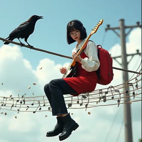  Live Action 、 realistic as pictured、Genuine、  beautiful Japanese woman holding a guitar white blouse red jumper skirt model、 headphones、 Black Jeans 、 black leather shoes with thick soles 、 electric wire like a score sheet  、  A crow sitting on a transmis...