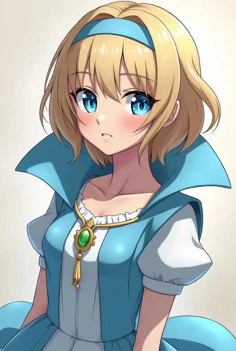 Angry Cute Blonde Anime Empress Maria Robtink with blue eyes wearing a blue headband and wearing a Blue Dress with a Massive Popped Collar taller than her head