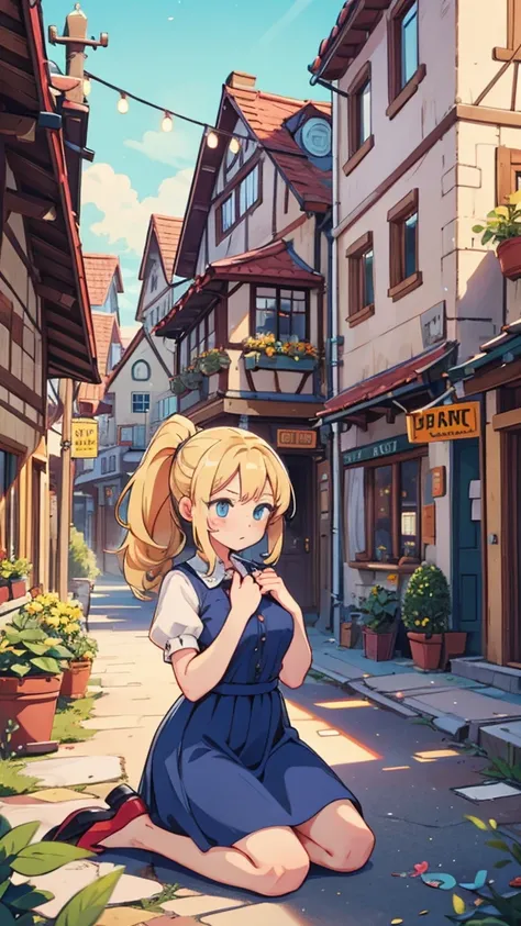 a woman in a village square, worried, long blonde ponytail modest breasts, blue eyes, long villager dress skirt until ankles, kneeling