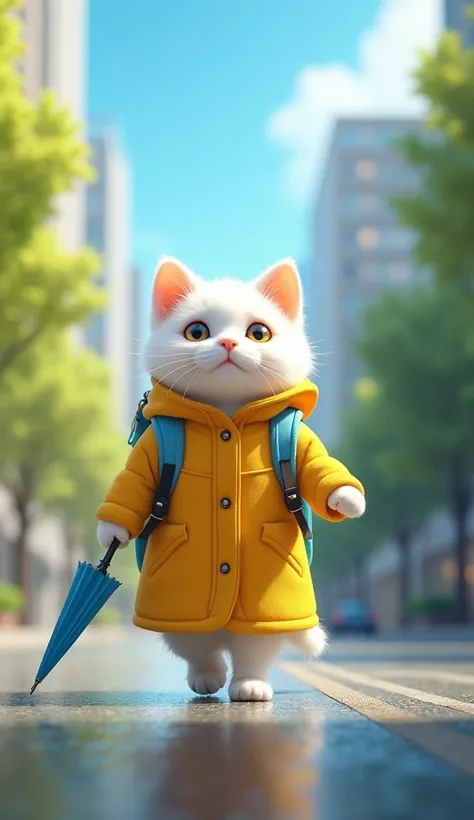 " in a realistic scene showing a small cat with bright white fur, wearing a bright yellow coat and a small blue backpack on his back . He holds a blue umbrella in his hand, ready to face the rain. .  walking on the pavement on a bright morning, where the b...