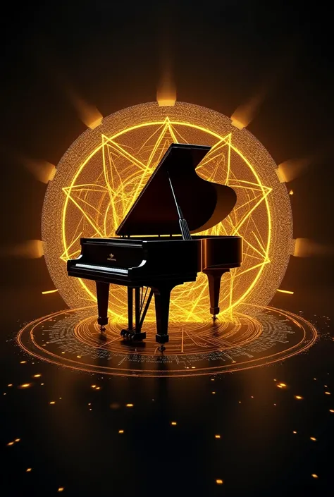 Create a logo,  futuristic with gold ,And the black piano , lights,  Illuminati symbols in 4k.