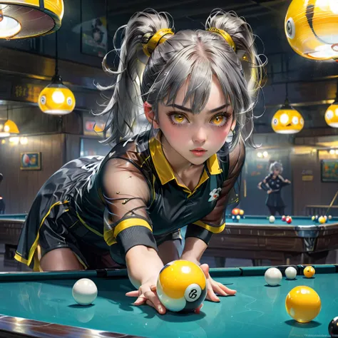 The girl is playing billiards、Gray Hair、 semi-long、 ponytails、 yellow eyes、 eye highlights、See-through sportswear。 Expressions with various characteristics float on the ball on the pool table、Unreal Space、Strange expressions with exaggerated characteristic...