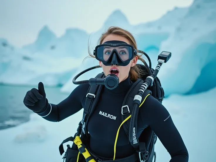 Sexy scuba diver women wearing  scuba gear and scuba suit   smashing the Antarcticas  ice and surprised taking off her equipment looking at viewer   because she runned out of air and emerging to surface, noticed that there is no air to breathe in the atmos...