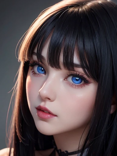 close-up of,  mavis dracula,  blue eyes pink cheeks full lips dark makeup, Long, straight black hair with bangs,   pretty face looking at the viewer,   big breasts ,NSFW 