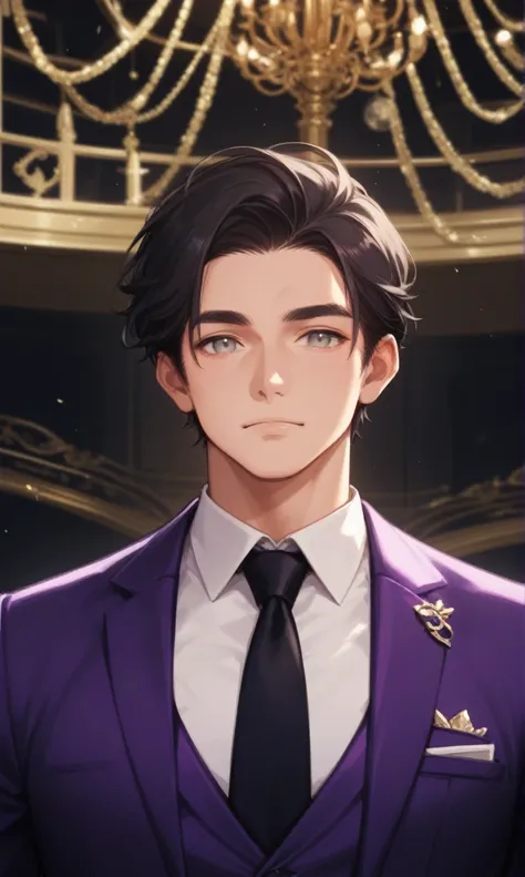 anime man in purple suit with a dog in a room, guy using the purple fancy suit, anime key visual of elegant, official character illustration, well - dressed, handsome prince, grey eyes, wearing a black noble suit, well dressed, anime handsome man, dressed ...