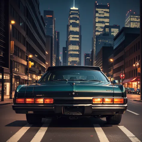 1996 impala, parked in the middle of a lit street, tall buildings, lit buildings, city life, night life, camera is focused on the car, various angles, houston texas midtown area