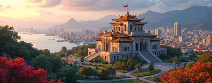  Connection between China and Uruguay,  Palacio Salvo de Montevideo , Great Wall of China, Chinese cities,  skyscraper, port, boat, trade,  technology, mountains in the background,  colorful floral flowers ,  atmospheric lighting ,  warm colors , practical...