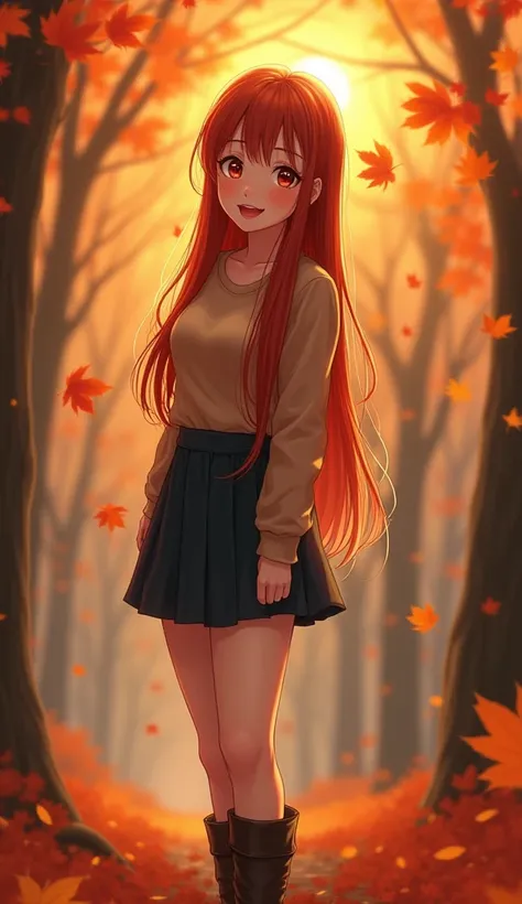 best quality, masterpiece, ultra-detailed, high definition, autumn painting, realistic atmosphere, a beautifully detailed image of a girl in a photo setting. The girl is standing outdoors during sunset, surrounded by vibrant autumn leaves. Her long red hai...