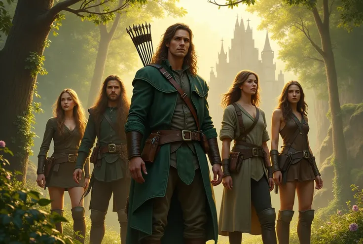 Robin Hood with a (group of male guys in ranger outfits) and (sexy women in ranger outfits) posing together, magical warm sunlight, dreamlike fairytale forest, old dilapidated castle ruin, (exaggeratedly comical situation), (epic fantasy masterpiece), (det...