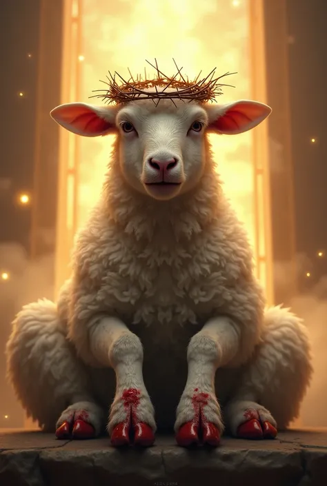 A Lamb From God, With Blood on His Feet ,  Crown of thorns on his head,  and with an angry face , On the throne and with a heavenly aura 