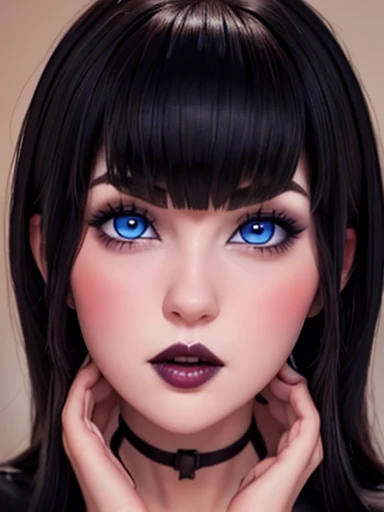 close-up of,  mavis dracula,  blue eyes pink cheeks full lips dark makeup, Long, straight black hair with bangs,   pretty face looking at the viewer,   big breasts ,NSFW 