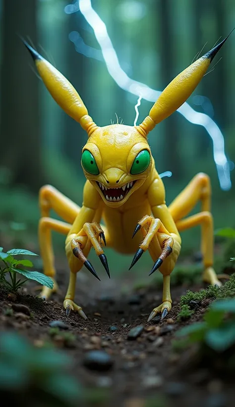 A monstrous combination of a praying mantis and Pikachu, with electrified claws, sharp mandibles, and fierce green eyes. It crouches in a dark forest with lightning flashing around, projecting a look of intense focus and danger."

