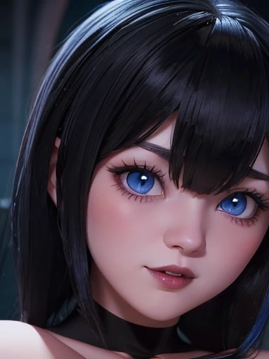 mavis dracula,  blue eyes pink cheeks full lips dark makeup, Long, straight black hair with bangs,   pretty face looking at the viewer,   big breasts ,NSFW 