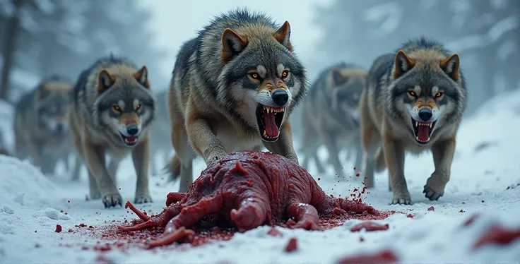 Wolves that have been hungry for a long time are eating meat