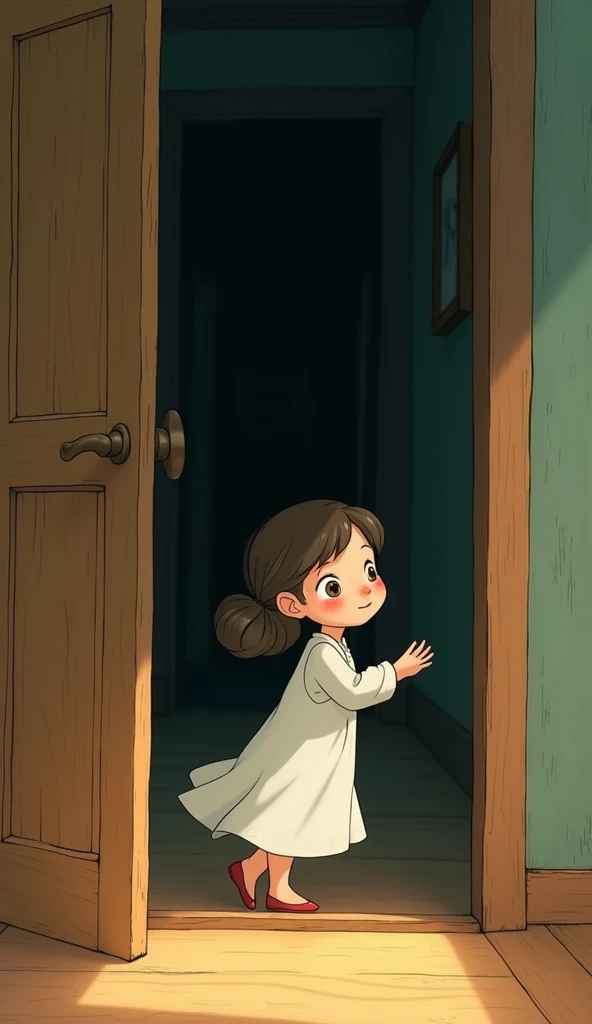 Animated image : A girl in a nightgown, cautiously opening a wooden door, but finding an empty, dark hallway outside.