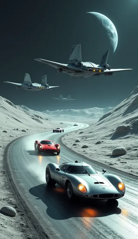  Sports cars racing on a racetrack built on the surface of the Moon, IN THE SKY, Alien ships flying over the sky  .  In the background of the image the planet Earth in view.