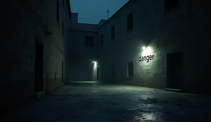 the courtyard of a prison at night illuminated in the right corner with danger written on it