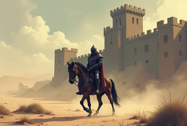 A knight is leaving his dark castle and background is quite dusty and image in pixel and high quality 