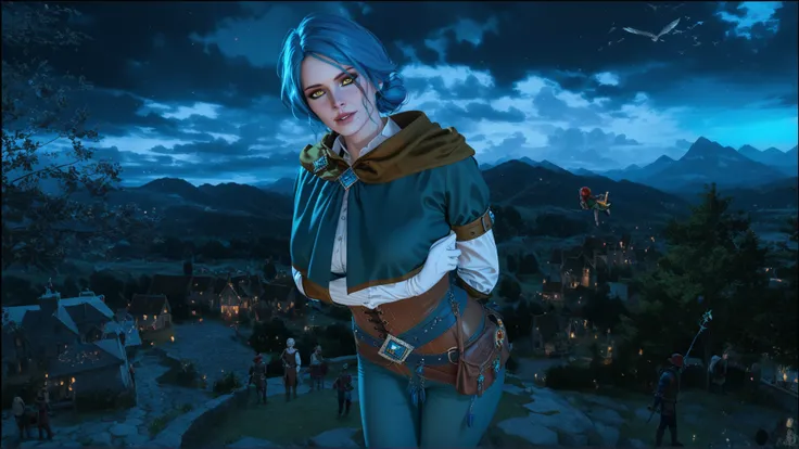 score_9, score_8_up,  there is a woman with blue hair and a green cape, Functions from the the witcher, Functions, Functions holding a cat, mother of the witchers, the witcher)), triss merigold, the the witcher 3, triss merigold cosplay, the witcher 3, mar...