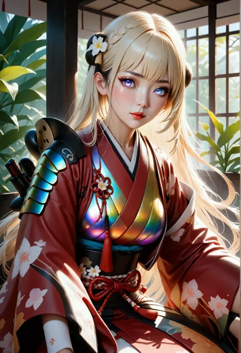 1maturegirl,mahiru shina, Long smooth straight light golden hair, iridescent eyes,aesthetic curvy figure,sitting in samurai clothes.masterpiece, super detail,detailed eyes, best quality, 8k,realistic