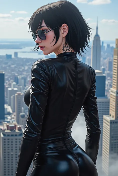 Create anime of an attractive female cyberpunk street gang member wearing black leather, standing on the edge of a skyscraper overlooking New York City. She has dark hair and is looking over her shoulder at the camera with confidence. She wears large sungl...