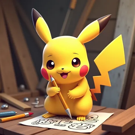 an image of pikachu holding a pencil and fortnite paper while building with wood